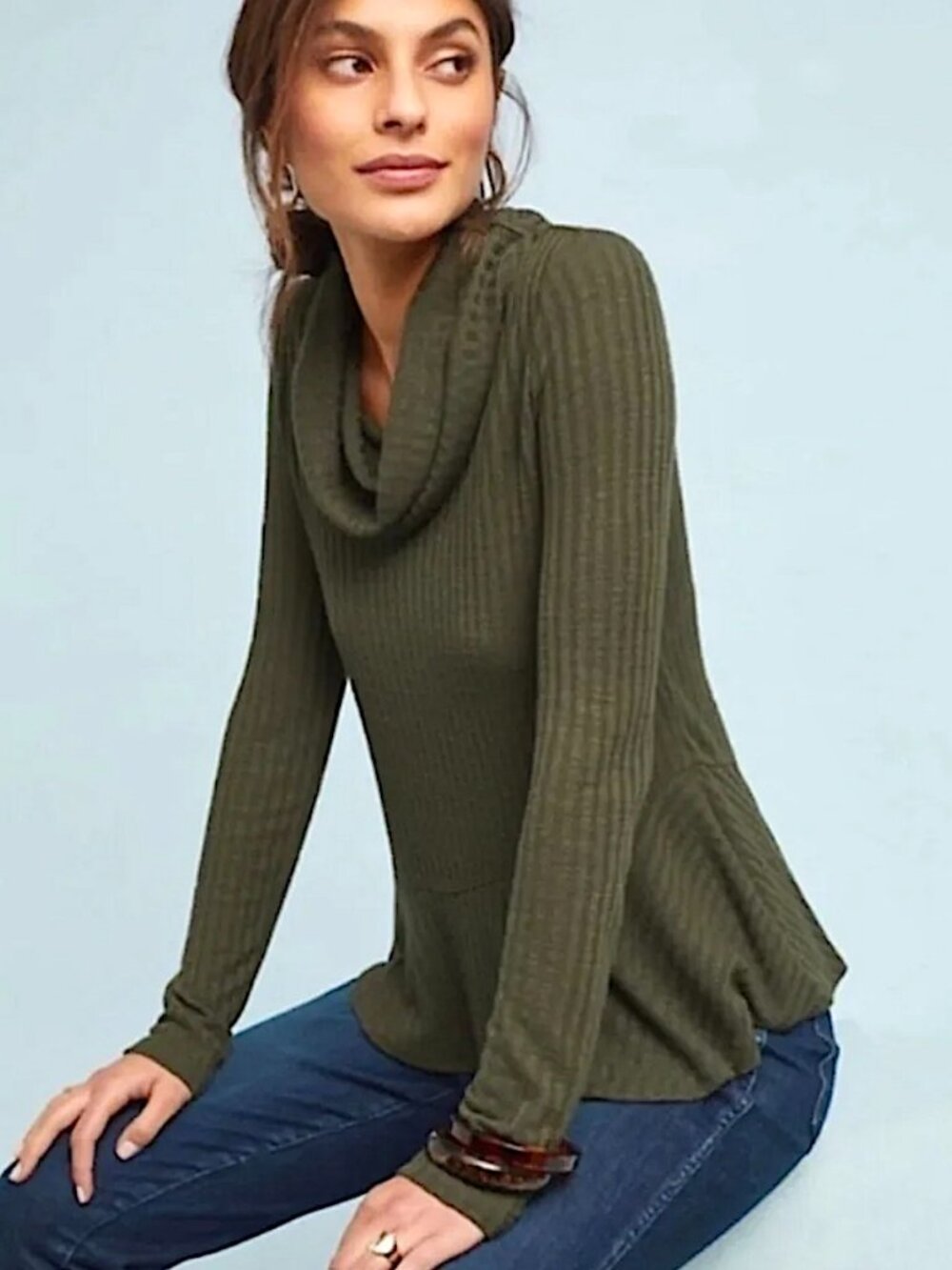 Maeve Anthropologie Winterscape Ribbed Peplum Cowl Neck Knit Top Size M Green